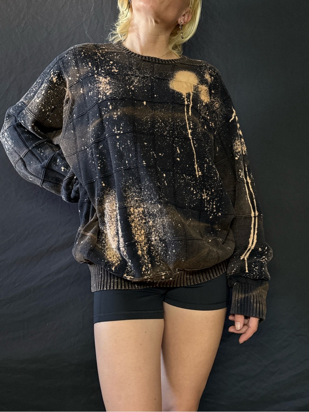 Black Crewneck Sweater with Bleach Splatter